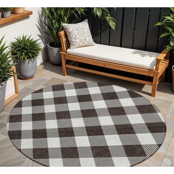 Homeroots 8' Black And Gray Round Plaid Washable Indoor Outdoor Area Rug 595375 - main