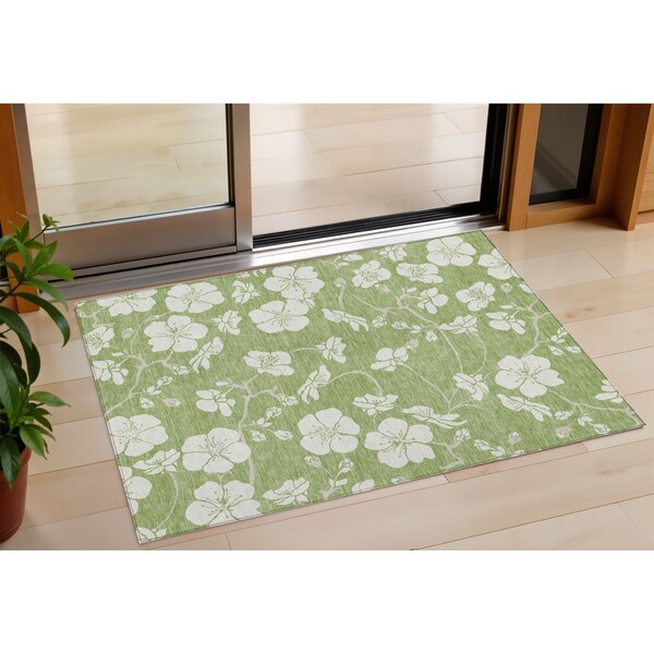 Homeroots 3' X 5' Artichoke Green And Ivory Floral Washable Indoor Outdoor Area Rug 599850 - main