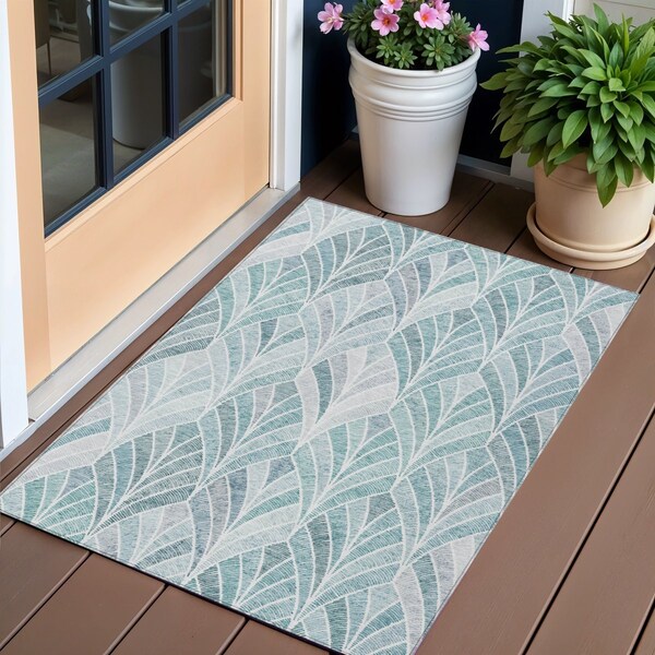 Homeroots 3' X 5' Aqua Mint Green And Silver Geometric Washable Indoor Outdoor Area Rug 589200 - main