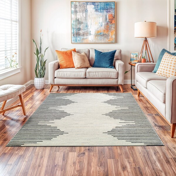 World Rug Gallery Bohemian Stripe Stain Resistant Area Rug 6 ft 6 in x 6 ft 6 in Square Cream 385CREAM6SQ - main