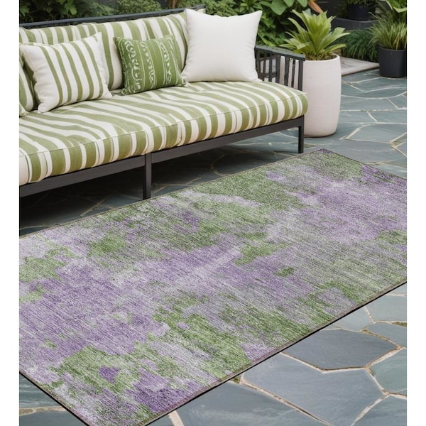 Homeroots 8' Runner Green and Purple Abstract Washable Non Skid Indoor Outdoor Runner Rug 564270 - main