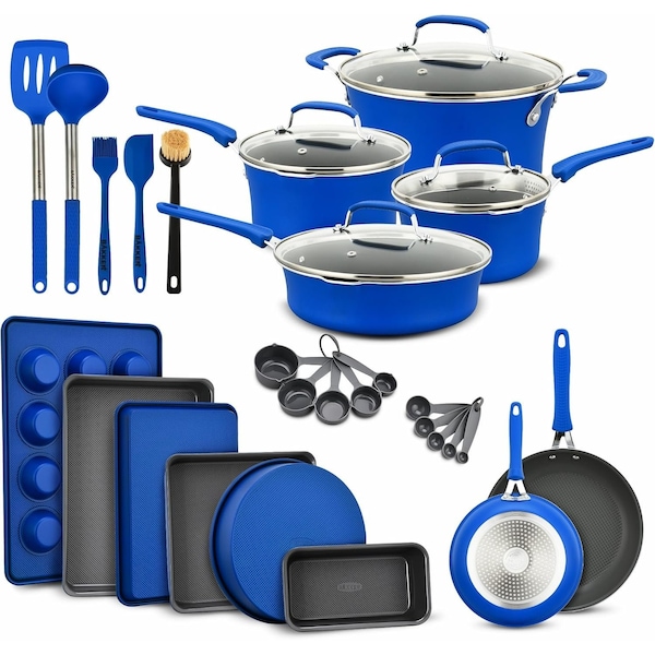 Bakken-Swiss 23-Piece Cookware Set, Blue Pots, Skillets, Bakeware, Reinforced Aluminum, Gas, Electric, Induction BKCWBLUE23 - main