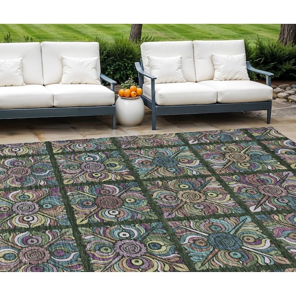 Homeroots 8' X 10' Fern Green Purple And Teal Blue Medallion Washable Indoor Outdoor Area Rug 589269 - main