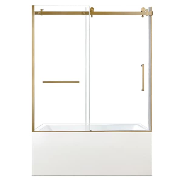Kingston Brass 60" Acrylic Alcove Left-Hand Drain Tub with Right Sliding Tub Door, White/Brushed Brass KVTAP603622L7 - main