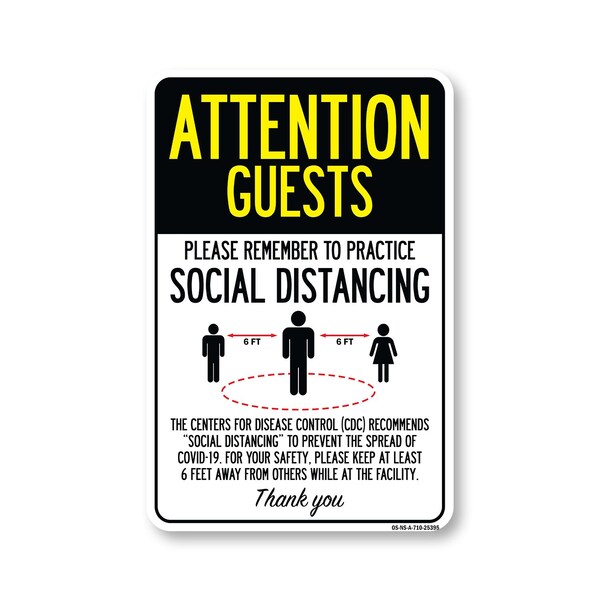 Signmission Public Safety, Attention Guests Practice Social Distancing, 10in X 7in Aluminum, OS-NS-A-710-25395 OS-NS-A-710-25395 - main