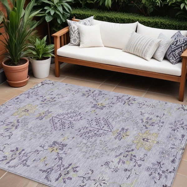 Homeroots 9' X 12' Lavender Purple And Gray Floral Washable Indoor Outdoor Area Rug 605483 - main