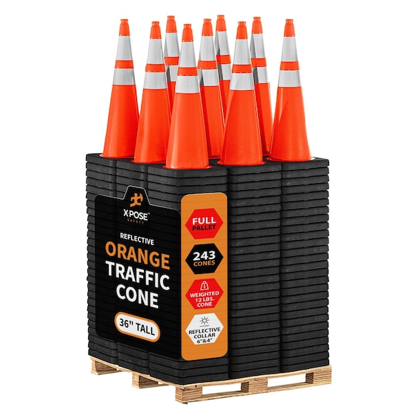 Xpose Safety 36 in Orange Traffic Cone, PVC, 12 lb Base w/ 6 in & 4 in Collar, DOT Approved, 243 PK, Full Pallet OTC36-64-12L-FP243-X - main