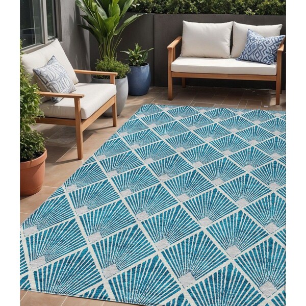 Homeroots 5' X 8' Teal Blue And Ivory Geometric Washable Indoor Outdoor Area Rug 594744 - main