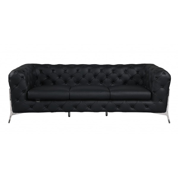 Homeroots 93" Black Italian Leather Chesterfield Sofa With Silver Legs 476526 - main