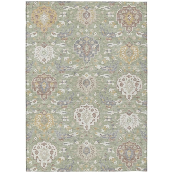 Homeroots 8' X 10' Artichoke Green Brown And Ivory Damask Washable Indoor Outdoor Area Rug 599391 - main