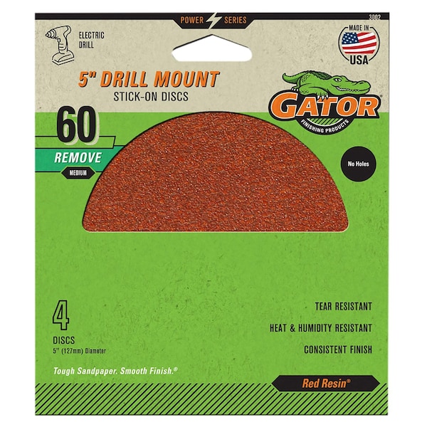 Gator Finishing Red Resin 5 in. Drill Mount Stick-On Sanding Discs, 60 Grit, Coarse, 4PK 3002 - main