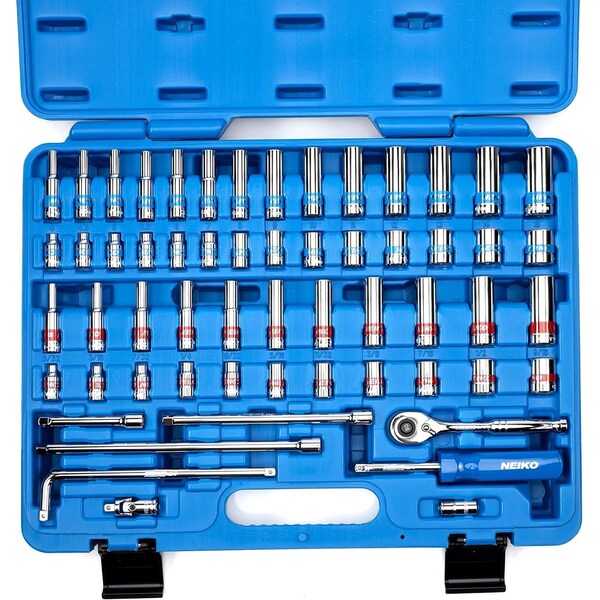Neiko 1/4 Inch-Drive Ratchet and Small Socket Set, 58-Piece, Chrome Vanadium Steel, Multi-color 02514A - main