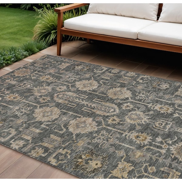 Homeroots 9' X 12' Gray Silver And Beige Oriental Washable Indoor Outdoor Area Rug 582078 - main