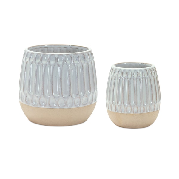 Homeroots Set of Two Beige and White Ribbed Round Porcelain Table Vase, 2PK 516252 - main
