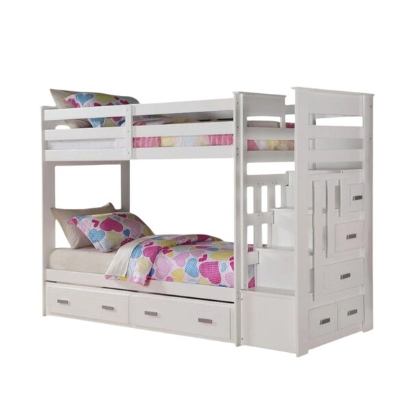 Homeroots 97" X 43" X 68" Twin Over Twin White Storage Ladder And Trundle Bunk Bed 285615 - main
