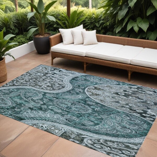 Homeroots 8' X 10' Teal Blue And Dark Green Floral Medallion Washable Indoor Outdoor Area Rug 603200 - main