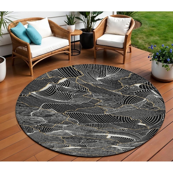 Homeroots 8' Black Ivory And Gold Round Abstract Washable Indoor Outdoor Area Rug 601034 - main