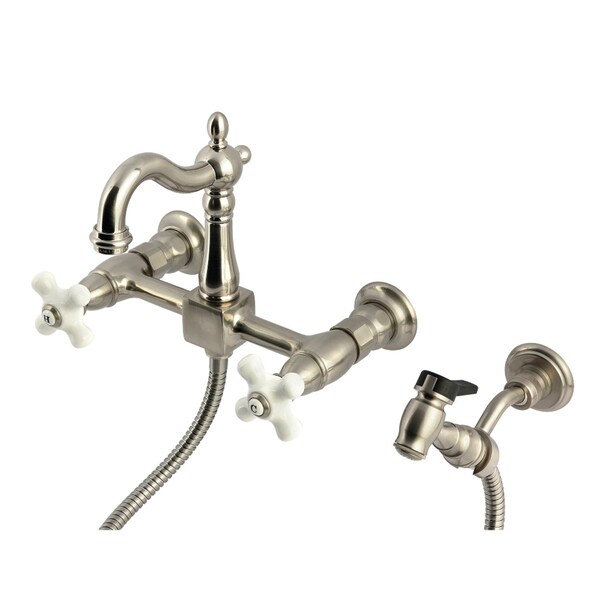 Kingston Brass Two-Handle Wall Mount Bridge Kitchen Faucet with Brass Sprayer, Brushed Nickel KS2448PXBS - main