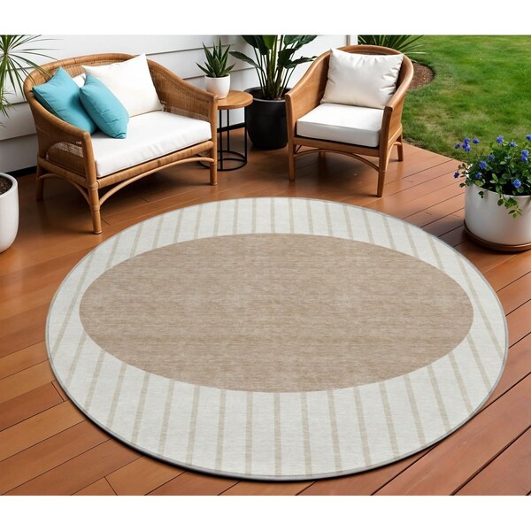Homeroots 8' Ivory And Brown Round Striped Washable Indoor Outdoor Area Rug 597171 - main