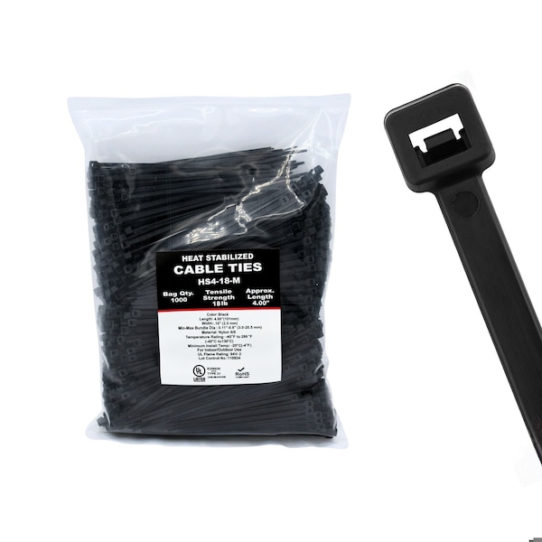 Cable Ties Unlimited Heat Stabilized Cable Tie, 4 in L, 18 lb Strength, 1 in Max Bundle Dia, Nylon, UV-Res, Blk, 1000PK HS4-18-M - main