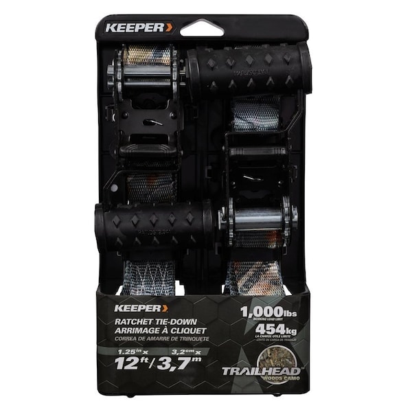 Keeper Ratchet Tie-Down, 1-1/4 in W, 12 ft L, 1000 lb, J-Hook End Fitting, Vinyl End Fitting 43595 - main