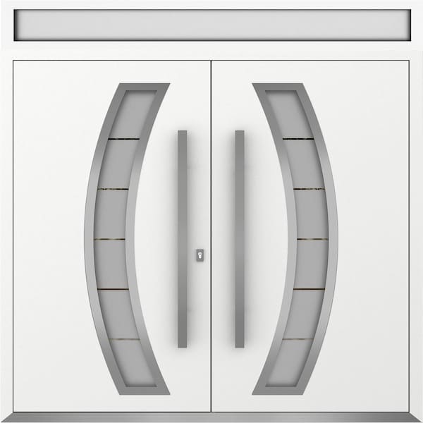 Vdomdoors Metal Double Doors Deux 6500 White Enamel Frosted Glass Top Transom Entry Modern Painted (W72xH96+1 DEUX6500DEXD-BEM-W72xH96+12-LH-O - main