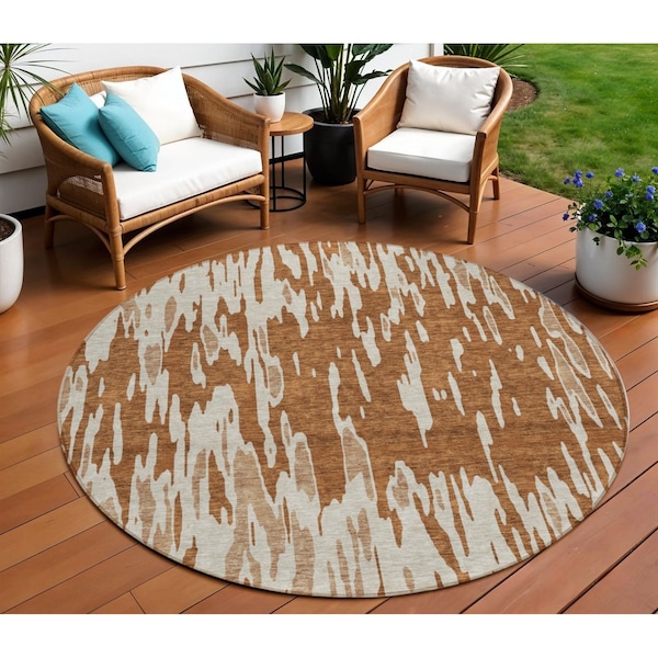 Homeroots 8' Orange And Ivory Round Abstract Washable Indoor Outdoor Area Rug 612691 - main