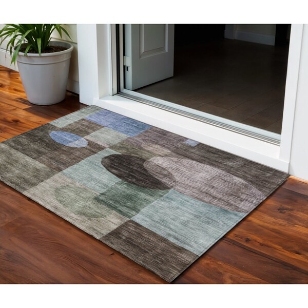 Homeroots 3' X 5' Brown Blue And Green Geometric Washable Indoor Outdoor Area Rug 604306 - main