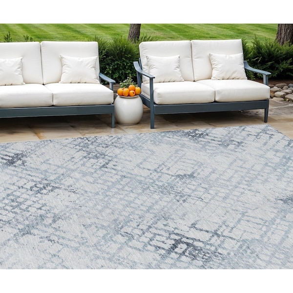 Homeroots 9' X 12' Navy Blue And Sky Blue Geometric Washable Indoor Outdoor Area Rug 588260 - main