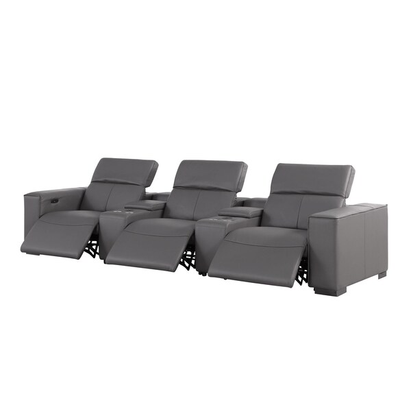 Homeroots 136" Dark Gray Top Grain Leather Reclining USB Sofa And Storage 720314 - main