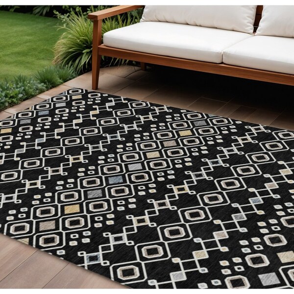 Homeroots 10' X 14' Black Ivory And Blue Geometric Washable Indoor Outdoor Area Rug 612177 - main