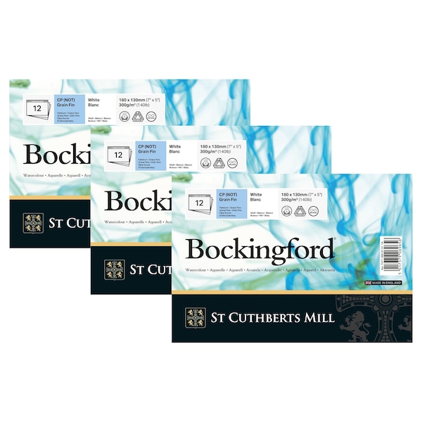 St Cuthberts Bockingford Watercolor Pad, Cold Pressed, Glue Binding, 140lb/300gsm, 12 Sheet, 5x70 inch, 3PK T47130001011A - main