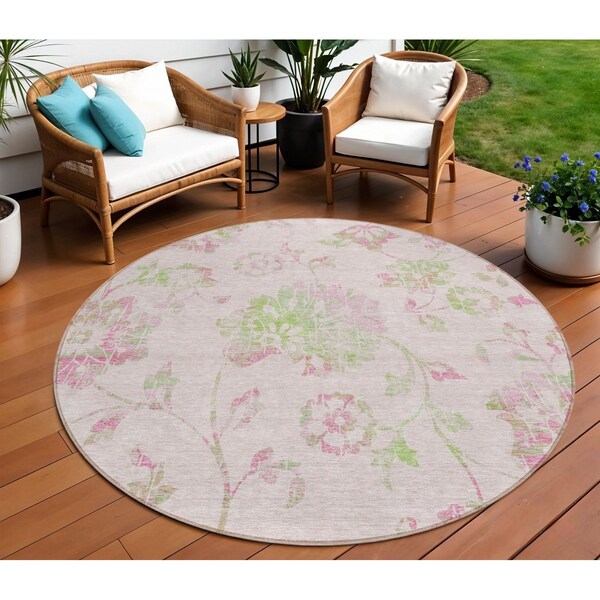 Homeroots 8' Pink Blush And Artichoke Green Round Floral Washable Indoor Outdoor Area Rug 589490 - main