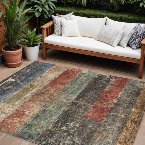 Homeroots 10' X 14' Fern Green Black And Terra Cotta Striped Washable Indoor Outdoor Area Rug 605984 - main