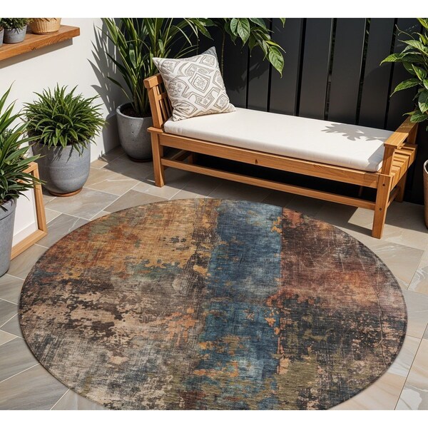 Homeroots 8' Blue Copper And Brown Round Abstract Washable Indoor Outdoor Area Rug 606058 - main