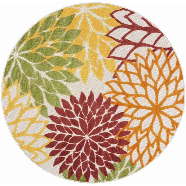 Homeroots 5' Red Yellow Green Orange And Ivory Round Floral Indoor Outdoor Area Rug 546662 - main