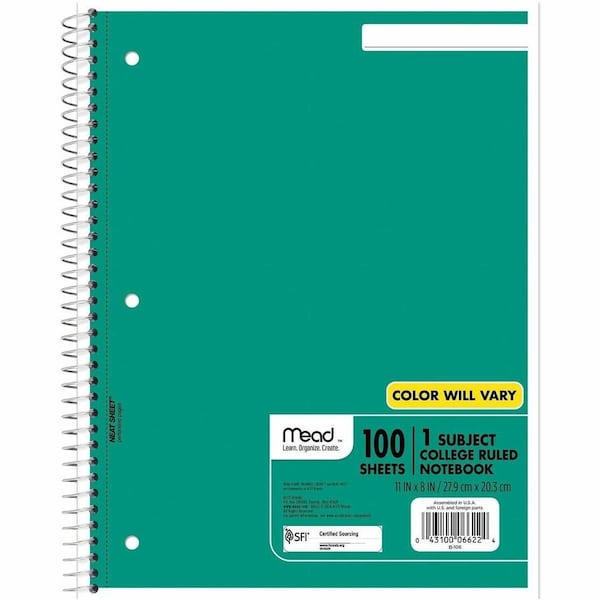 Mead 100 Sheet, 8-1/2 x 11in, College Ruled Spiral Bound Notebook Red MOQ=5, Pkg Qty=1 06622 - main