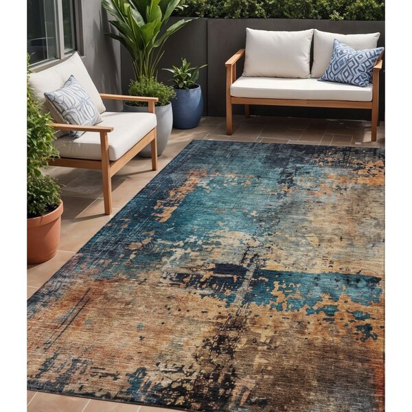 Homeroots 5' X 8' Teal Blue Black And Copper Abstract Washable Indoor Outdoor Area Rug 606075 - main