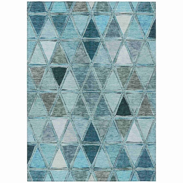 Homeroots 8' X 10' Teal Blue Aqua And Gray Geometric Washable Indoor Outdoor Area Rug 583055 - main
