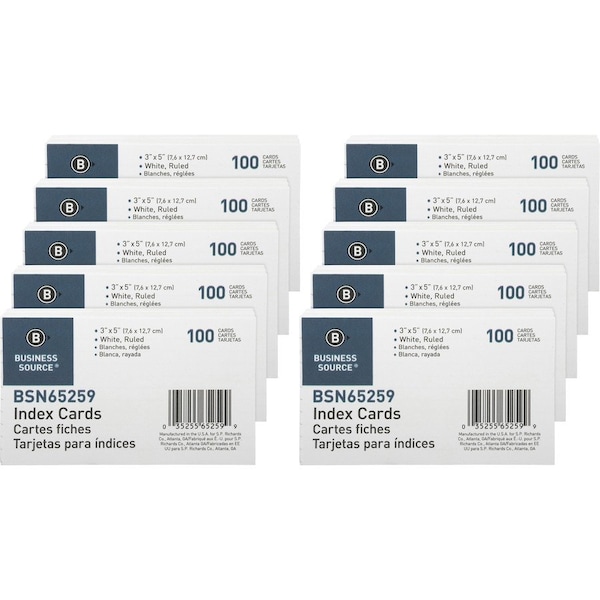 Business Source Index Cards, White, 5" x 3", PK10 BSN65259BX - main