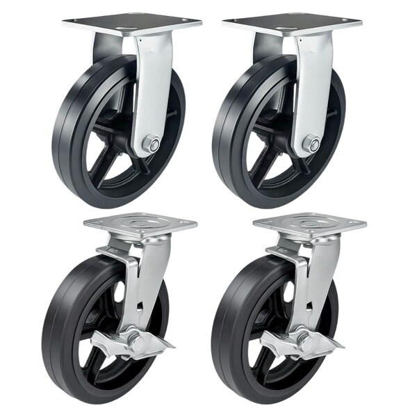 Hyw Products Heavy Duty Caster Set 8in Rubber on Cast Iron Wheels, 2 Rigid & 2 Swivel with Brake, 4PK 40-80R-A1-RC-2,40-80S-A1-RC-TB-2 - main