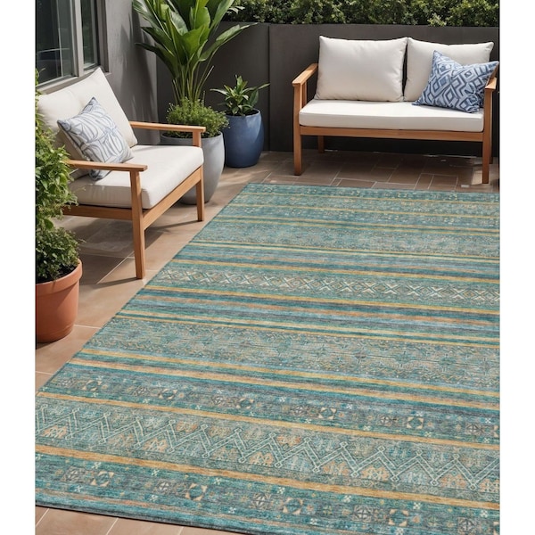 Homeroots 5' X 8' Teal Blue Gold And Taupe Southwestern Washable Indoor Outdoor Area Rug 615981 - main