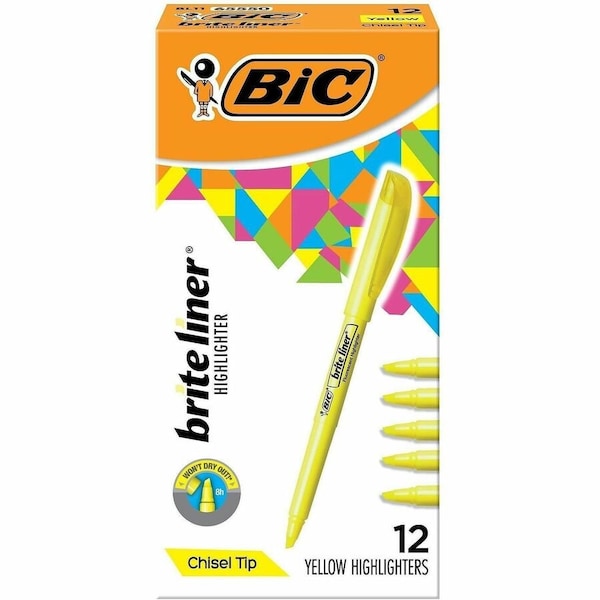 Bic Brite Liner Highlighter with Pocket Clip, Chisel Tip, Yellow Ink, Dozen BL11YW - main