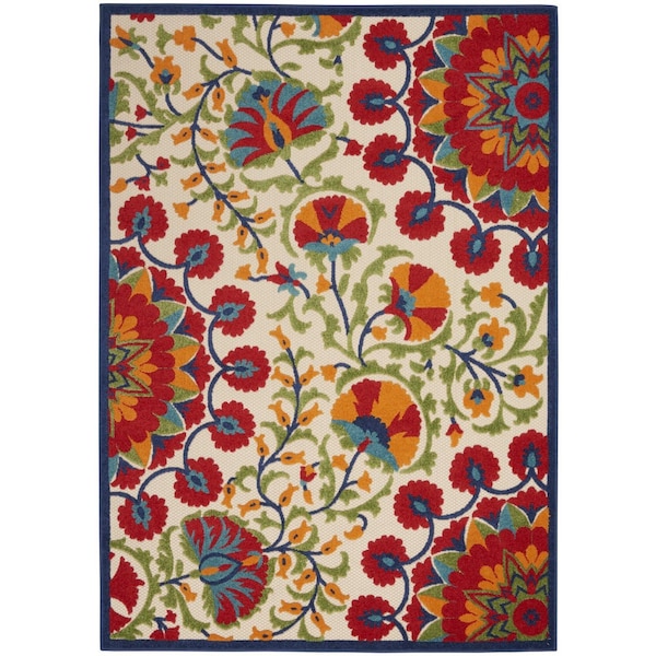 Homeroots 5' X 8' Navy Blue Beige Green Blue And Red Floral Indoor Outdoor Area Rug 546788 - main