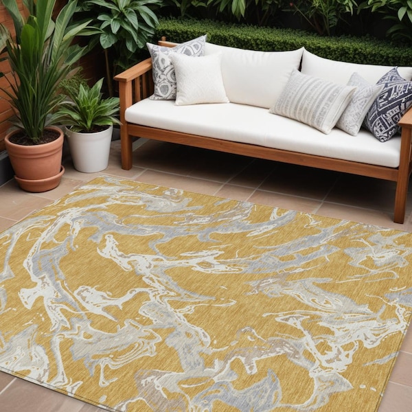 Homeroots 9' X 12' Gold Gray And Ivory Abstract Washable Indoor Outdoor Area Rug 600088 - main