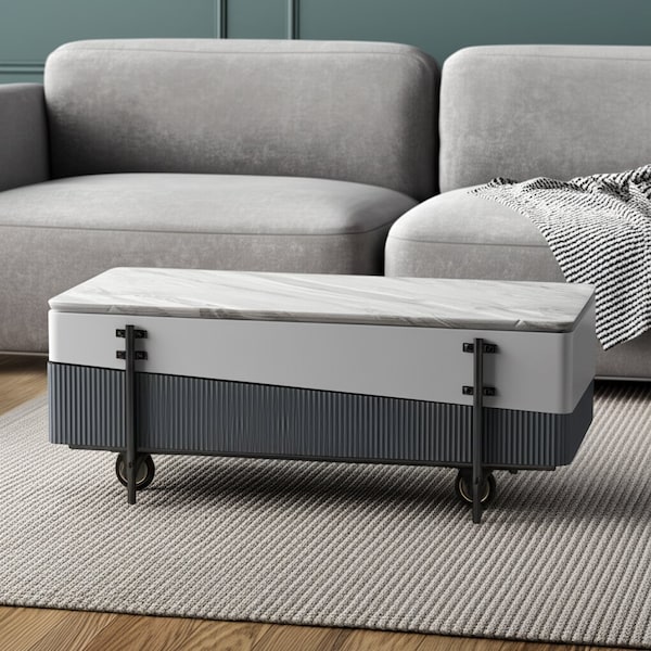 Homeroots 47" Gray White and Black Faux Marble Wood and Steel Lift Top Coffee Table 572276 - main
