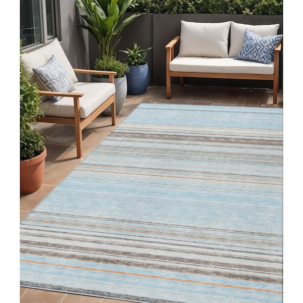Homeroots 5' X 8' Sky Blue Gray And Beige Striped Washable Indoor Outdoor Area Rug 614834 - main