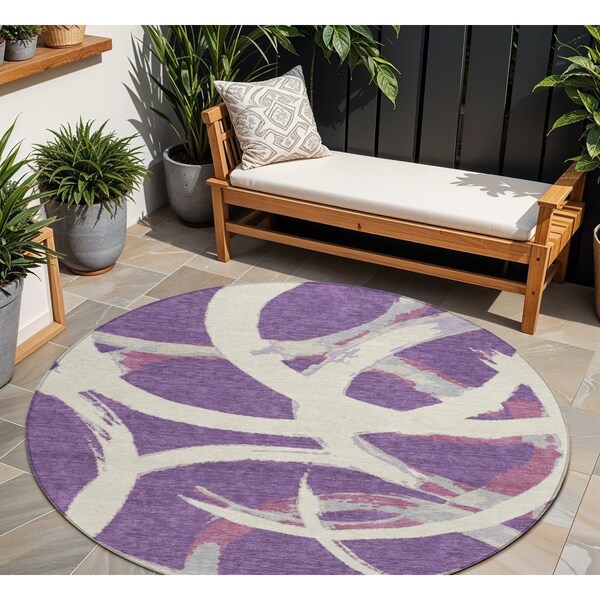 Homeroots 8' Purple Ivory And Gray Round Abstract Washable Indoor Outdoor Area Rug 599156 - main