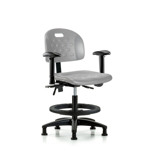 Blue Ridge Ergonomics Poly Chair-Medium Bench Height with Seat Tilt, Adj Arms, Black Foot Ring, & Stat Glides in Gray Poly HPMBCH-RG-T1-A1-BF-RG-GRY - main