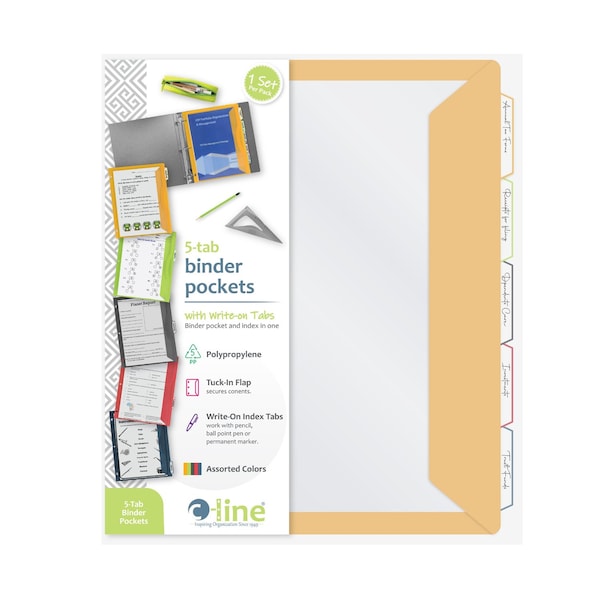 C-Line Products 8-1/2" x 11" Super Heavyweight Poly Binder Pockets with Write-On Index Tabs, 5/ST, 12ST/BX, 6BX/CT 06650-BX - main